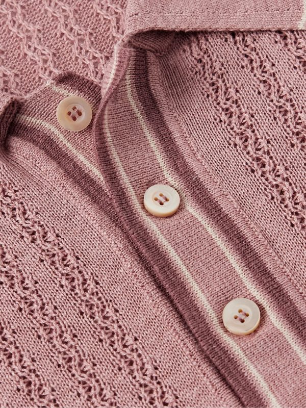 Striped Pointelle-Knit Silk and Linen-Blend Polo Shirt - CU Striped Pointelle-Knit Silk and Linen-Blend Polo Shirt - CU