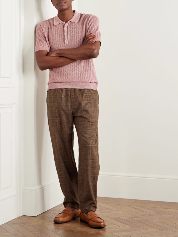 Striped Pointelle-Knit Silk and Linen-Blend Polo Shirt - OU Striped Pointelle-Knit Silk and Linen-Blend Polo Shirt - OU