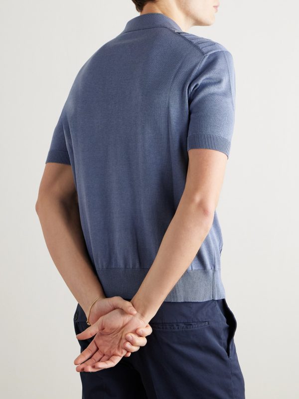 Slim-Fit Striped Pointelle-Knit Silk and Cotton-Blend Polo Shirt - BK Slim-Fit Striped Pointelle-Knit Silk and Cotton-Blend Polo Shirt - BK