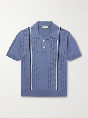 Slim-Fit Striped Pointelle-Knit Silk and Cotton-Blend Polo Shirt Slim-Fit Striped Pointelle-Knit Silk and Cotton-Blend Polo Shirt