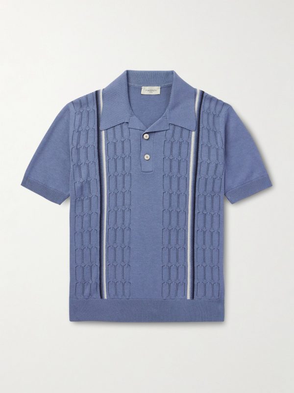 Slim-Fit Striped Pointelle-Knit Silk and Cotton-Blend Polo Shirt Slim-Fit Striped Pointelle-Knit Silk and Cotton-Blend Polo Shirt