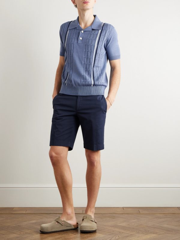 Slim-Fit Striped Pointelle-Knit Silk and Cotton-Blend Polo Shirt - OU Slim-Fit Striped Pointelle-Knit Silk and Cotton-Blend Polo Shirt - OU