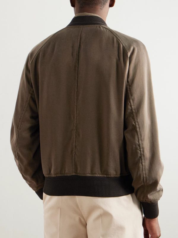Leather-Trimmed Lyocell-Twill Bomber Jacket - BK Leather-Trimmed Lyocell-Twill Bomber Jacket - BK