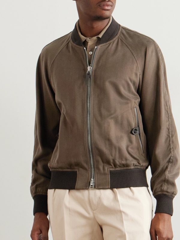 Leather-Trimmed Lyocell-Twill Bomber Jacket - FR Leather-Trimmed Lyocell-Twill Bomber Jacket - FR