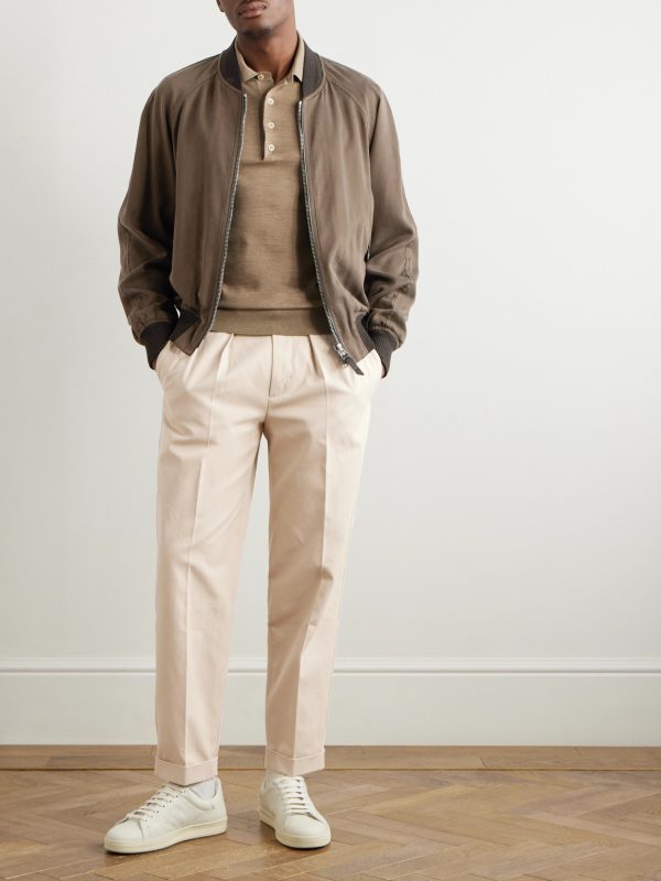 Leather-Trimmed Lyocell-Twill Bomber Jacket - OU Leather-Trimmed Lyocell-Twill Bomber Jacket - OU