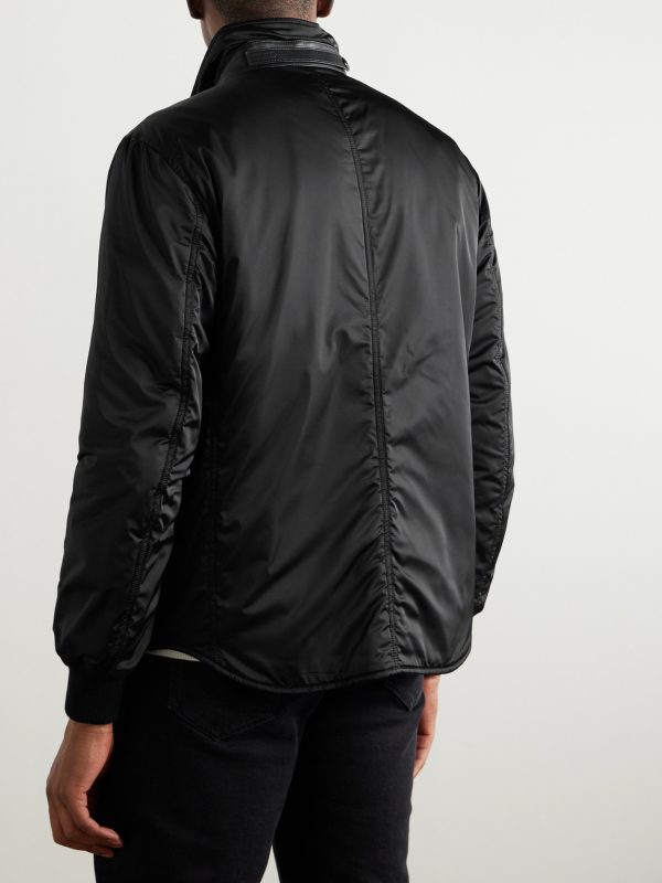 Padded Leather-Trimmed Satin Bomber Jacket - BK Padded Leather-Trimmed Satin Bomber Jacket - BK