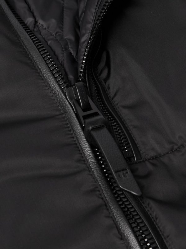 Padded Leather-Trimmed Satin Bomber Jacket - CU Padded Leather-Trimmed Satin Bomber Jacket - CU
