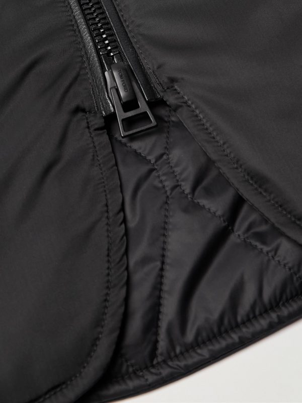 Padded Leather-Trimmed Satin Bomber Jacket - E1 Padded Leather-Trimmed Satin Bomber Jacket - E1