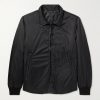 Padded Leather-Trimmed Satin Bomber Jacket Padded Leather-Trimmed Satin Bomber Jacket