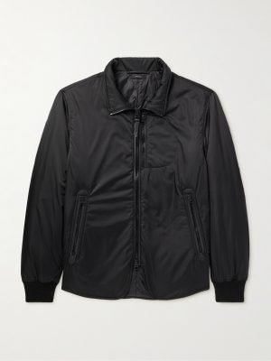 Padded Leather-Trimmed Satin Bomber Jacket Padded Leather-Trimmed Satin Bomber Jacket