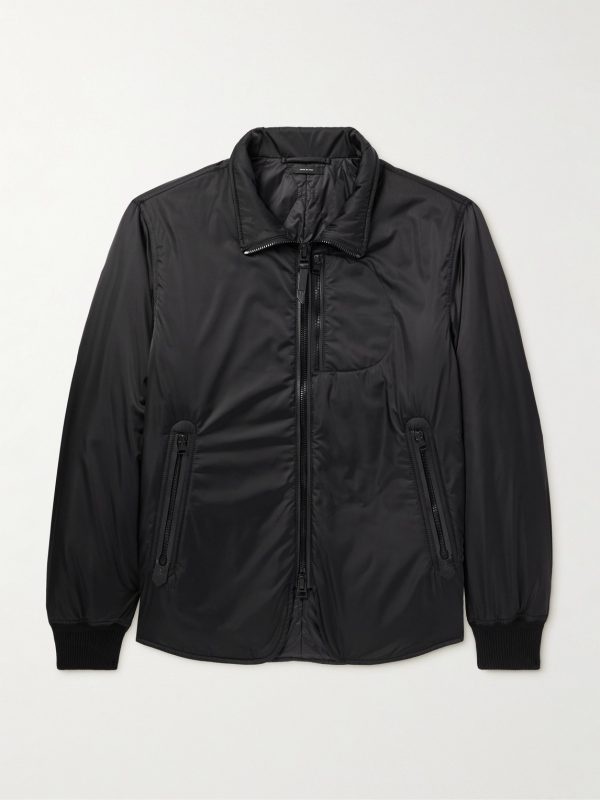 Padded Leather-Trimmed Satin Bomber Jacket Padded Leather-Trimmed Satin Bomber Jacket