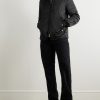 Padded Leather-Trimmed Satin Bomber Jacket - OU Padded Leather-Trimmed Satin Bomber Jacket - OU