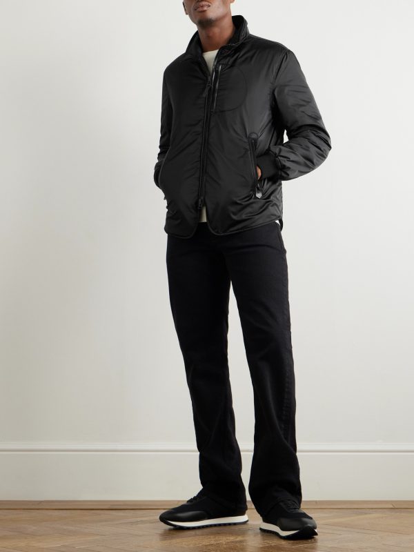 Padded Leather-Trimmed Satin Bomber Jacket - OU Padded Leather-Trimmed Satin Bomber Jacket - OU