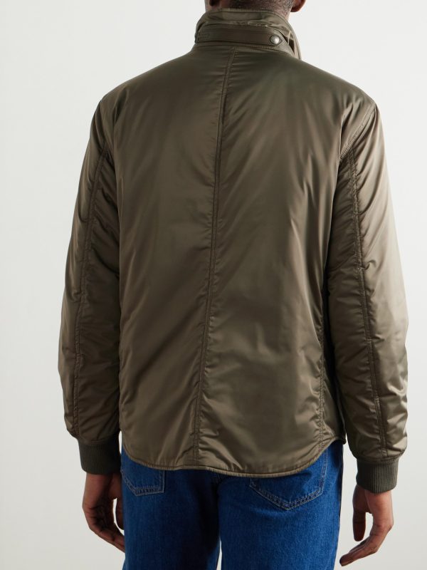 Padded Leather-Trimmed Satin Bomber Jacket - BK Padded Leather-Trimmed Satin Bomber Jacket - BK