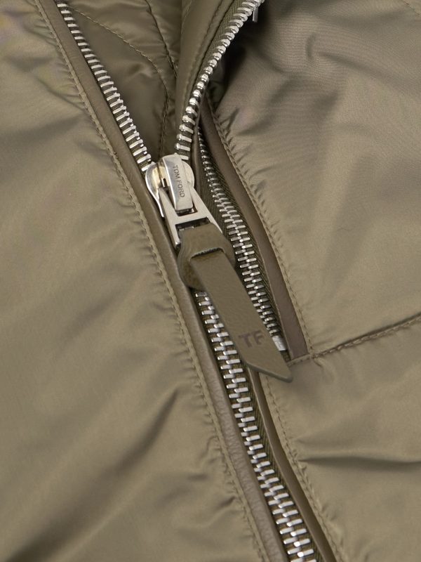 Padded Leather-Trimmed Satin Bomber Jacket - CU Padded Leather-Trimmed Satin Bomber Jacket - CU