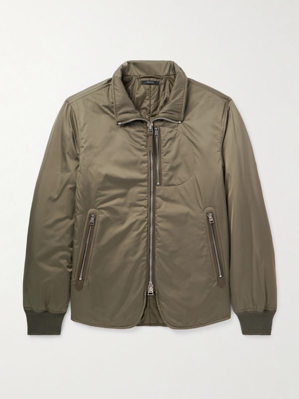 Padded Leather-Trimmed Satin Bomber Jacket Padded Leather-Trimmed Satin Bomber Jacket