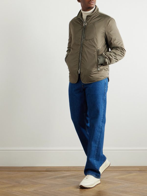 Padded Leather-Trimmed Satin Bomber Jacket - OU Padded Leather-Trimmed Satin Bomber Jacket - OU