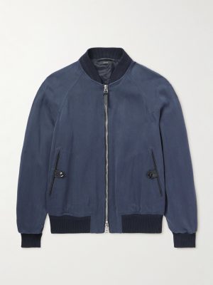 Leather-Trimmed Lyocell-Twill Bomber Jacket Leather-Trimmed Lyocell-Twill Bomber Jacket