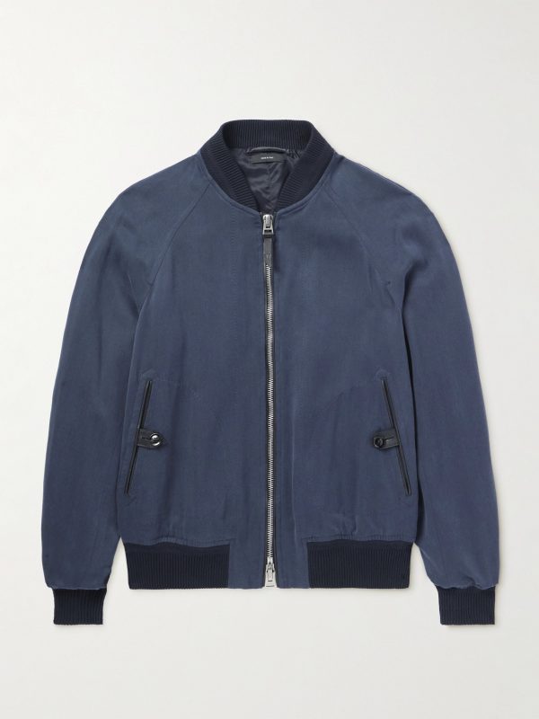 Leather-Trimmed Lyocell-Twill Bomber Jacket Leather-Trimmed Lyocell-Twill Bomber Jacket