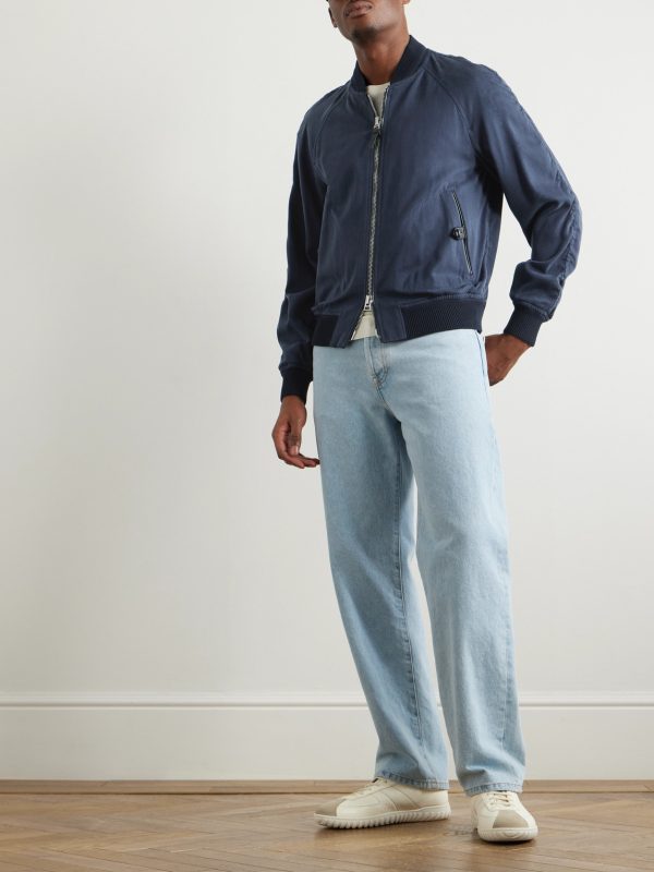Leather-Trimmed Lyocell-Twill Bomber Jacket - OU Leather-Trimmed Lyocell-Twill Bomber Jacket - OU
