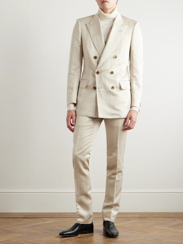 Dyllan Double-Breasted Silk and Linen-Blend Twill Suit Jacket - OU
