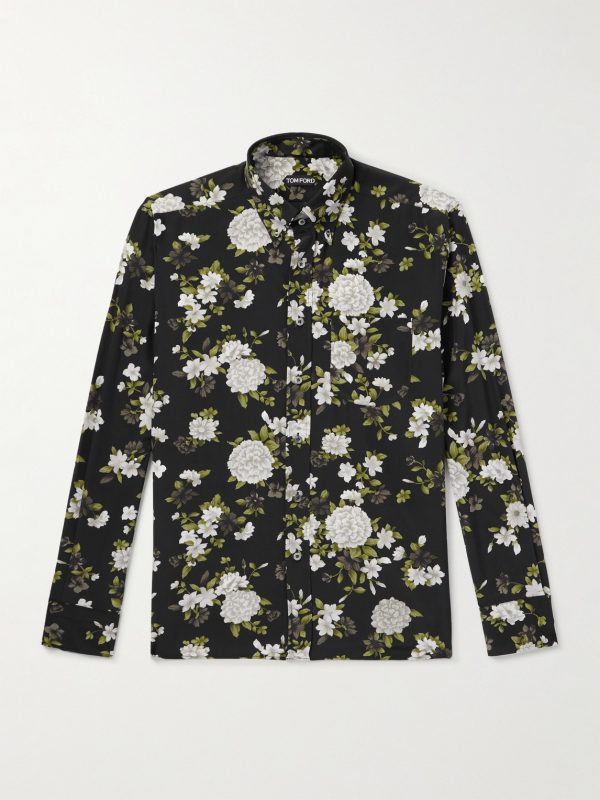 Hendrix Button-Down Collar Floral-Print Silk-Crepe Shirt