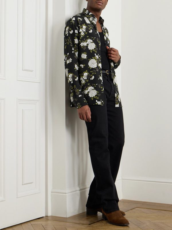 Hendrix Button-Down Collar Floral-Print Silk-Crepe Shirt - OU