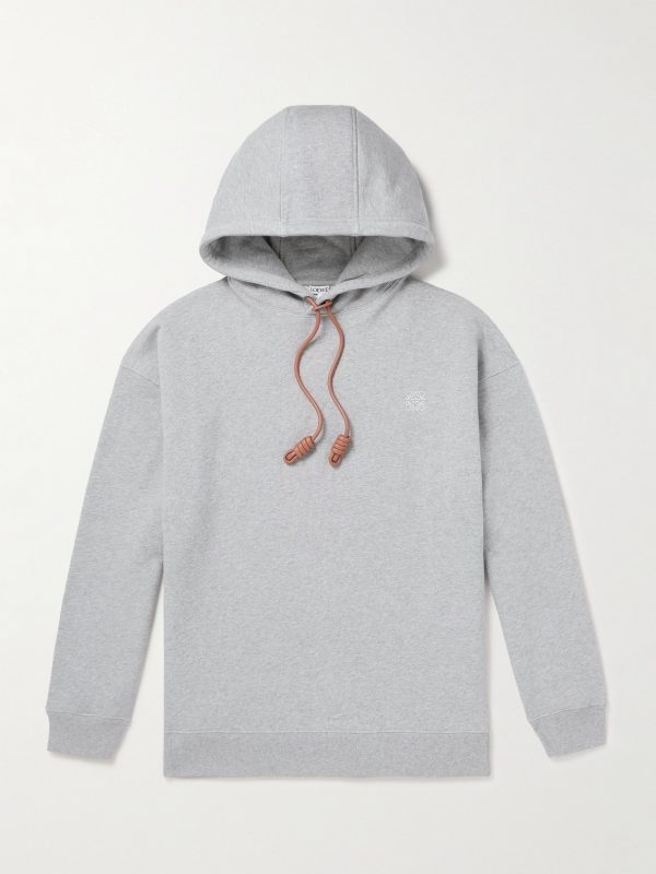 Logo-Embroidered Leather-Trimmed Cotton-Jersey Hoodie Logo-Embroidered Leather-Trimmed Cotton-Jersey Hoodie