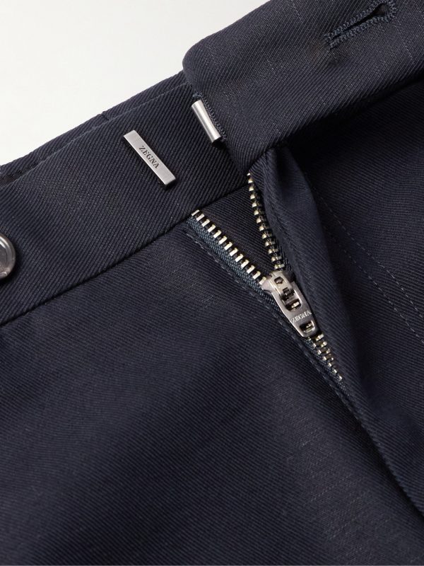 Tapered Pleated Cotton and Linen-Blend Twill Trousers - E1