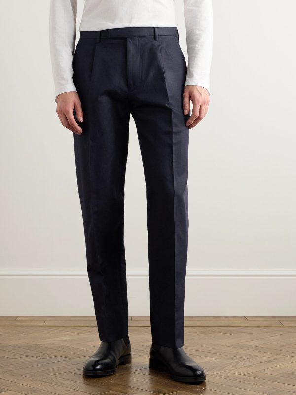 Tapered Pleated Cotton and Linen-Blend Twill Trousers - FR