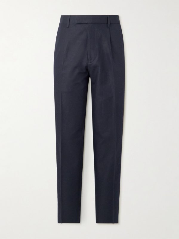 Tapered Pleated Cotton and Linen-Blend Twill Trousers