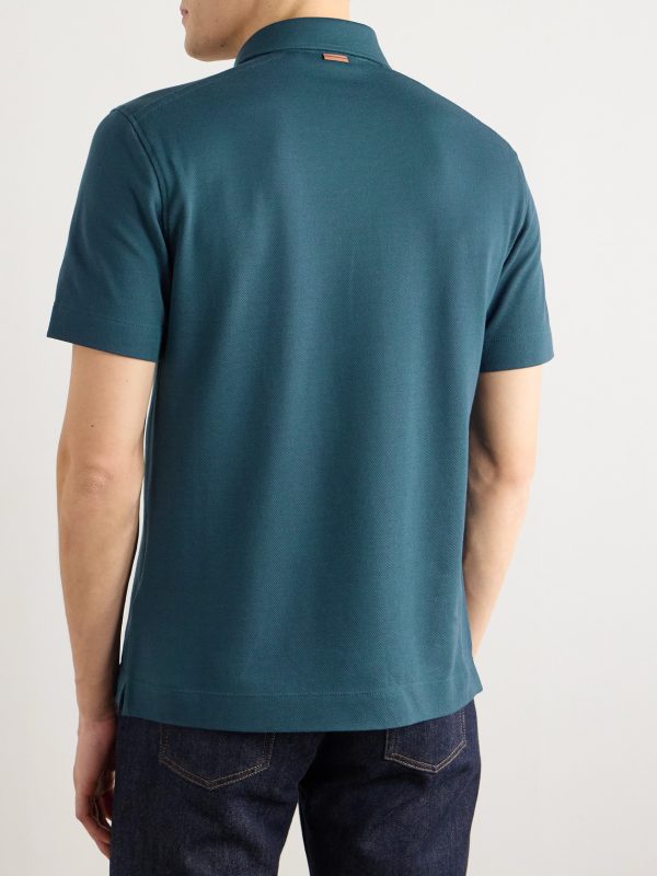 Slim-Fit Leather-Trimmed Cotton-Piqué Polo Shirt - BK