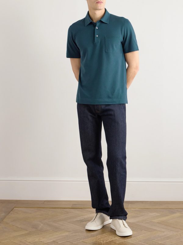 Slim-Fit Leather-Trimmed Cotton-Piqué Polo Shirt - OU