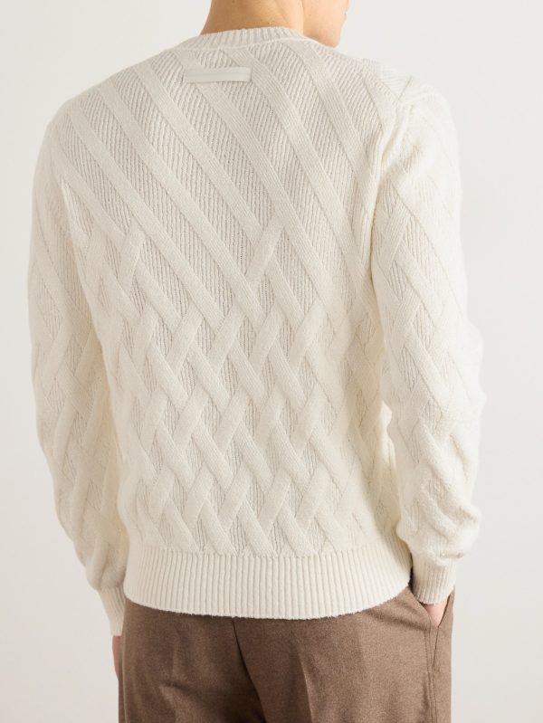Logo-Appliquéd Leather-Trimmed Basketweave Cotton Sweater - BK