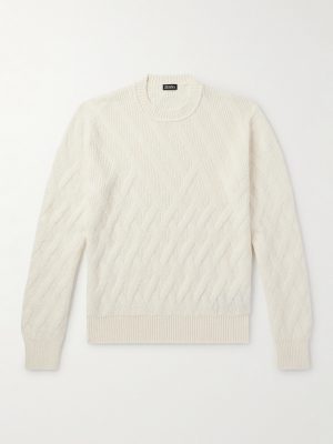 Logo-Appliquéd Leather-Trimmed Basketweave Cotton Sweater Logo-Appliquéd Leather-Trimmed Basketweave Cotton Sweater