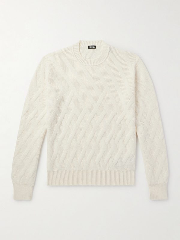 Logo-Appliquéd Leather-Trimmed Basketweave Cotton Sweater