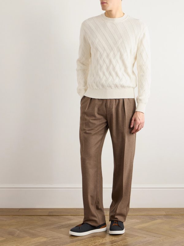 Logo-Appliquéd Leather-Trimmed Basketweave Cotton Sweater - OU
