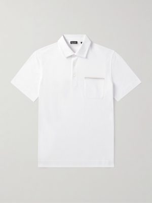 Leather-Trimmed Cotton-Piqué Polo Shirt Leather-Trimmed Cotton-Piqué Polo Shirt