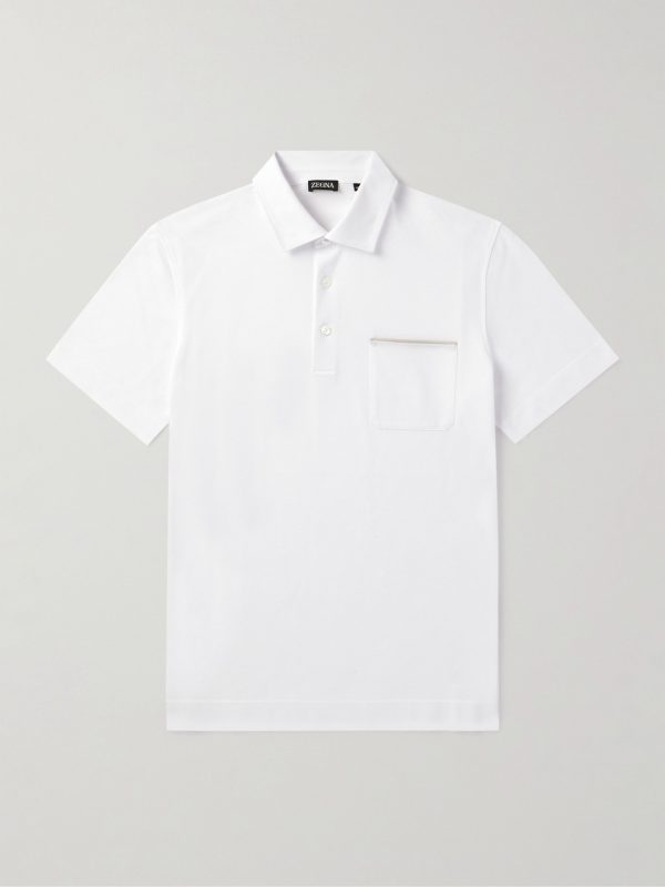 Leather-Trimmed Cotton-Piqué Polo Shirt