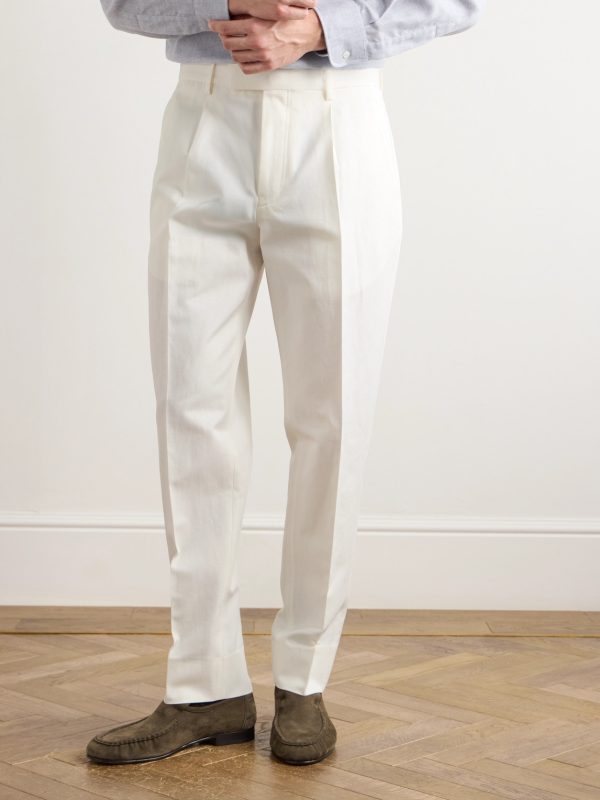 Tapered Pleated Cotton and Linen-Blend Twill Trousers - FR Tapered Pleated Cotton and Linen-Blend Twill Trousers - FR