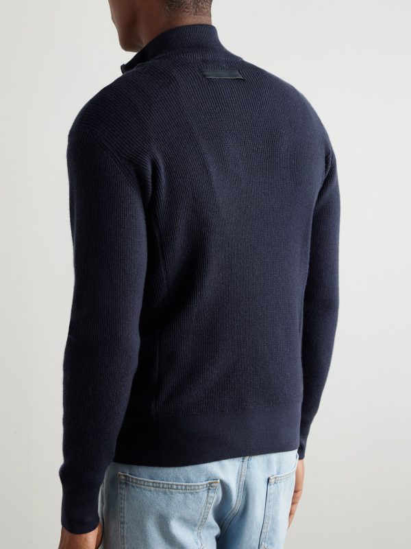 Ribbed Cashseta Zip-Up Sweater - BK Ribbed Cashseta Zip-Up Sweater - BK