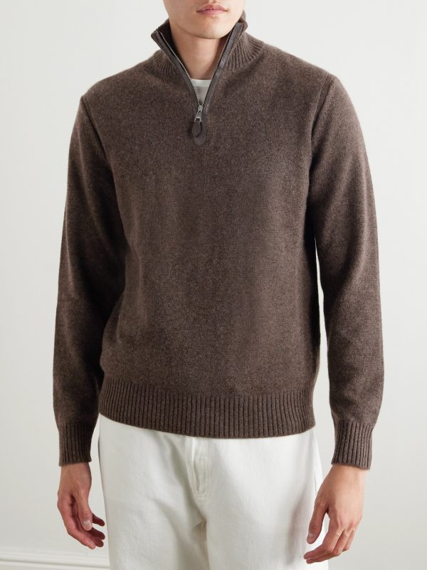 Leather-Trimmed Cashmere Half-Zip Sweater - FR Leather-Trimmed Cashmere Half-Zip Sweater - FR