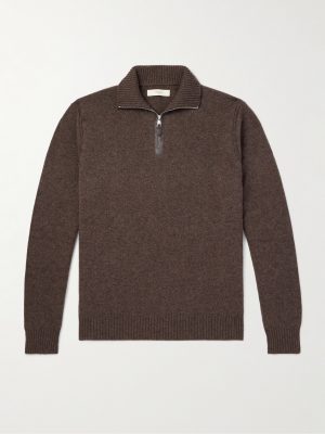 Leather-Trimmed Cashmere Half-Zip Sweater