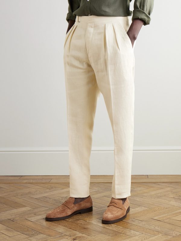 Tapered Pleated Linen Trousers - FR