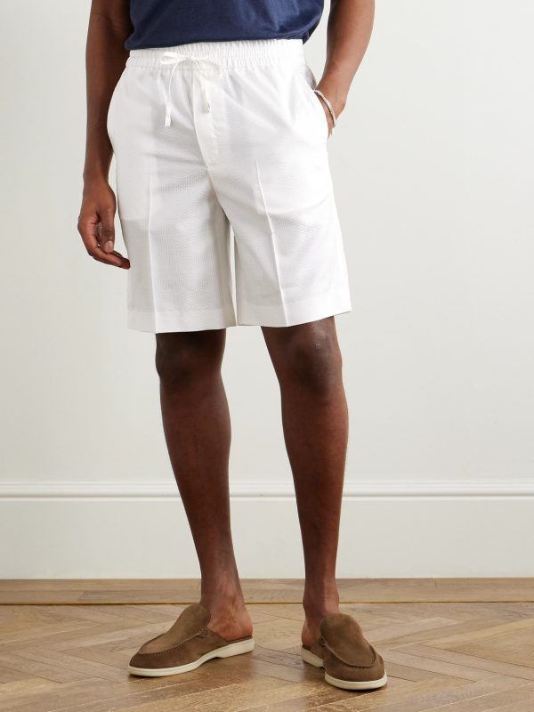 Straight-Leg Herringbone Striped Silk-Seersucker Shorts - FR Straight-Leg Herringbone Striped Silk-Seersucker Shorts - FR