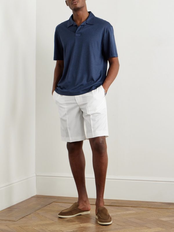 Straight-Leg Herringbone Striped Silk-Seersucker Shorts - OU Straight-Leg Herringbone Striped Silk-Seersucker Shorts - OU