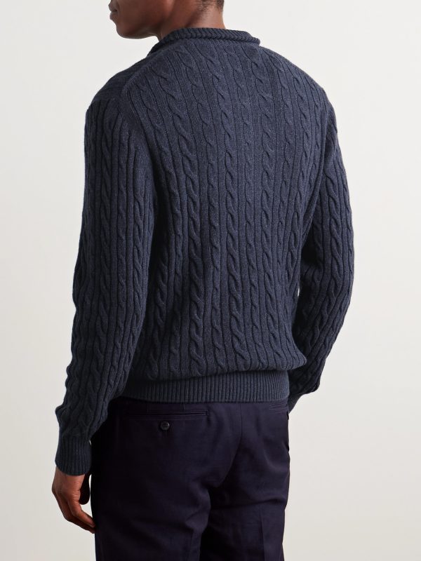 Slim-Fit Suede-Trimmed Cable-Knit Baby Cashmere Half-Zip Sweater - BK Slim-Fit Suede-Trimmed Cable-Knit Baby Cashmere Half-Zip Sweater - BK