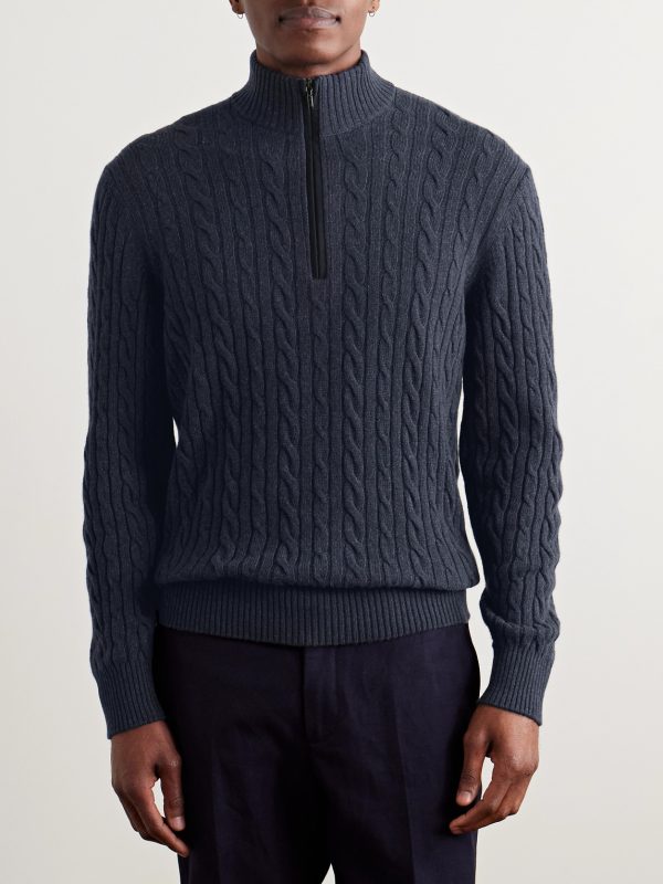 Slim-Fit Suede-Trimmed Cable-Knit Baby Cashmere Half-Zip Sweater - FR Slim-Fit Suede-Trimmed Cable-Knit Baby Cashmere Half-Zip Sweater - FR