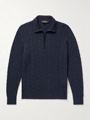 Slim-Fit Suede-Trimmed Cable-Knit Baby Cashmere Half-Zip Sweater Slim-Fit Suede-Trimmed Cable-Knit Baby Cashmere Half-Zip Sweater