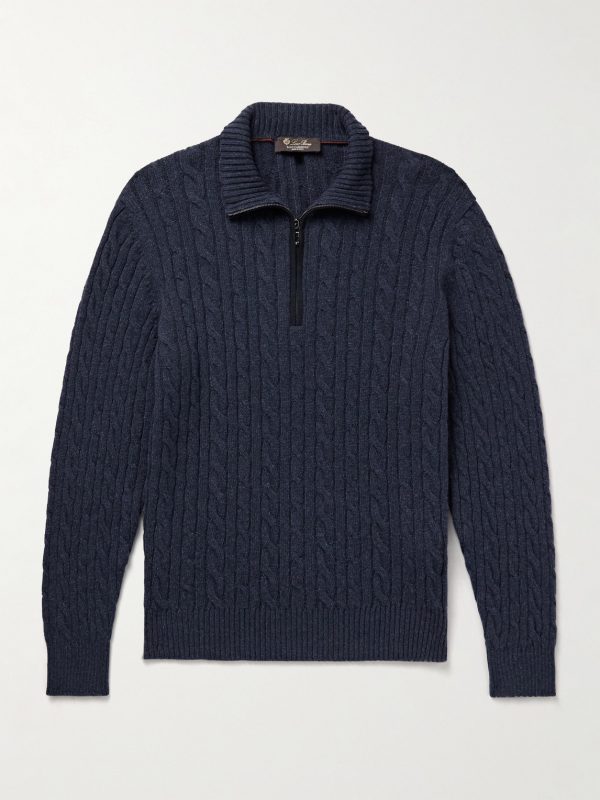 Slim-Fit Suede-Trimmed Cable-Knit Baby Cashmere Half-Zip Sweater Slim-Fit Suede-Trimmed Cable-Knit Baby Cashmere Half-Zip Sweater